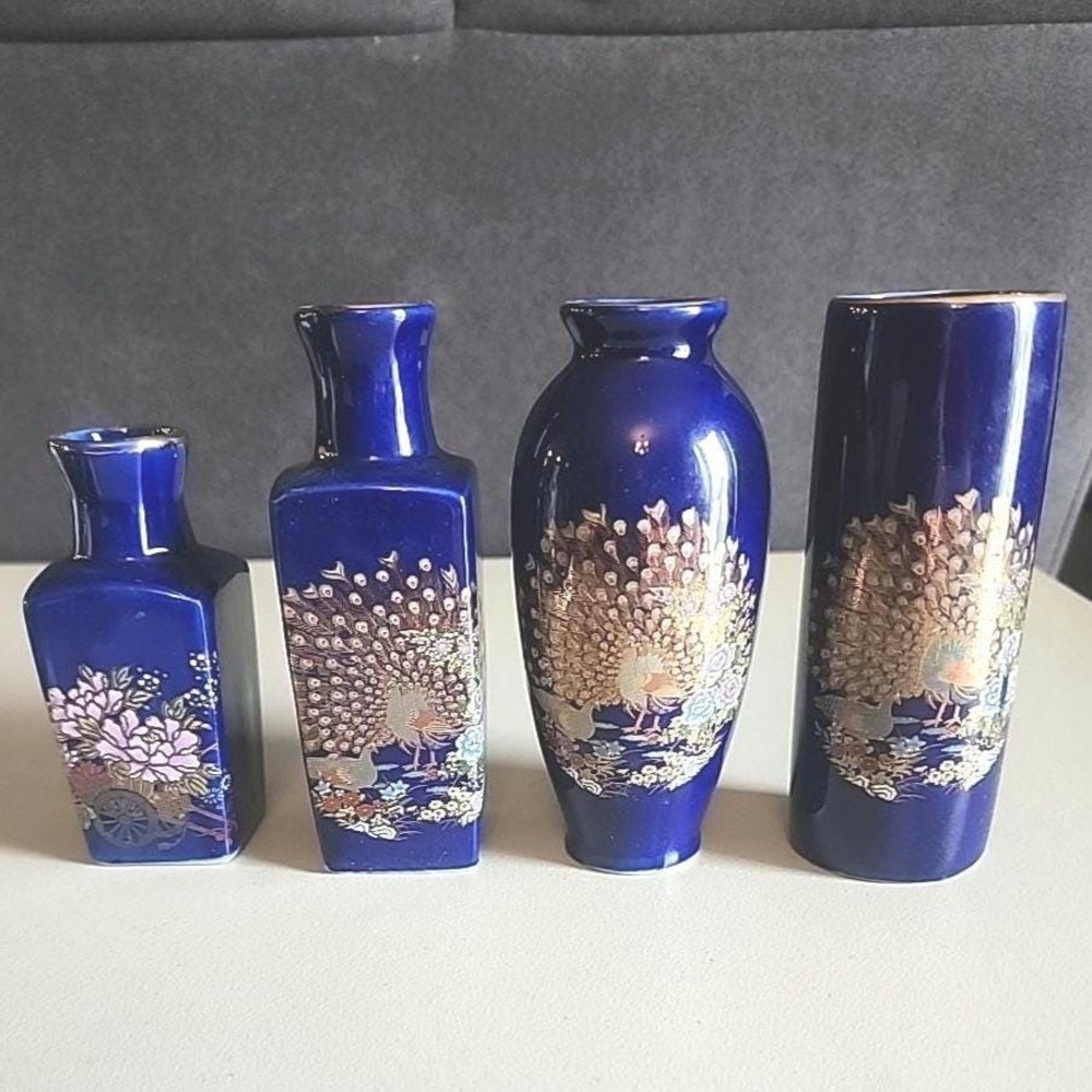 Vintage Miniature Japanese Vase Set CoBalt Gold Blue Porcelain Mini Bud set of 4